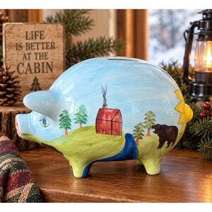 Vintage 2001 Annaco Creations Piggy Bank Hand Painted Woodland Cabin Moose Bear